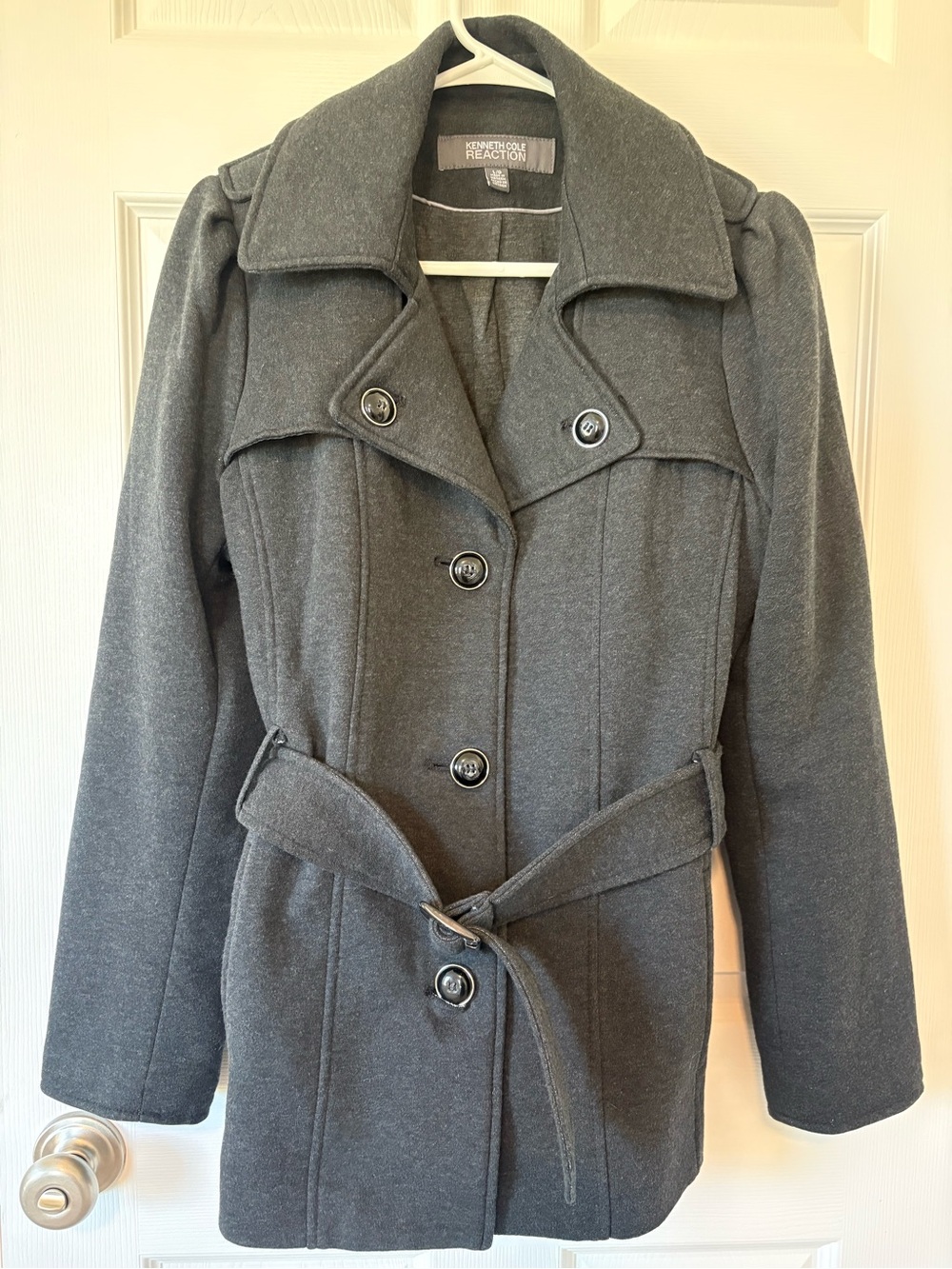 Kenneth Cole Reaction Women's Charcoal Gray Belted Peacoat Sz L
